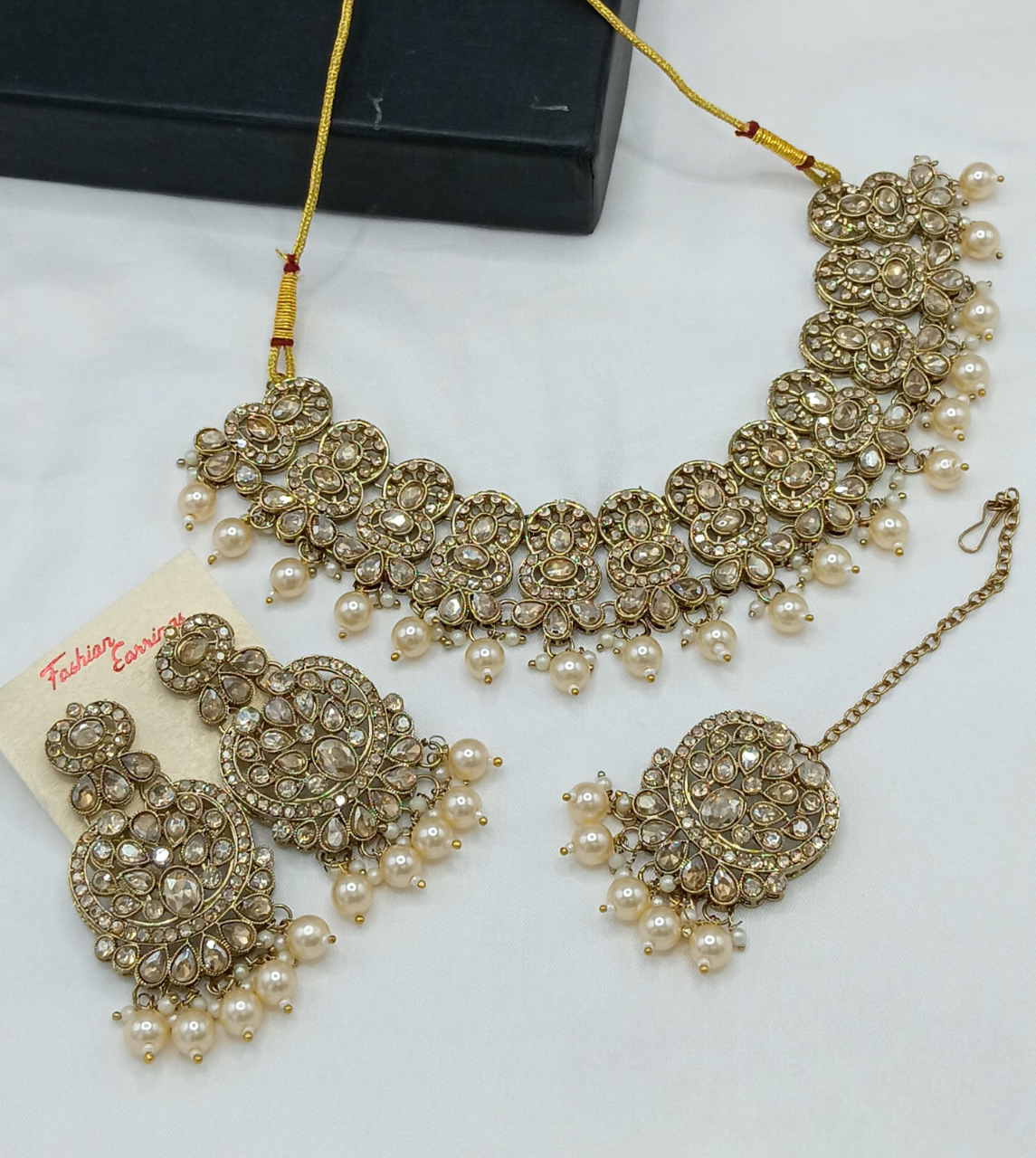 Gold Plated CZ Studded LCD Collar Bone Necklace Set With Dangler Earrings And Maangtika Jewellery Set For Women And Girls