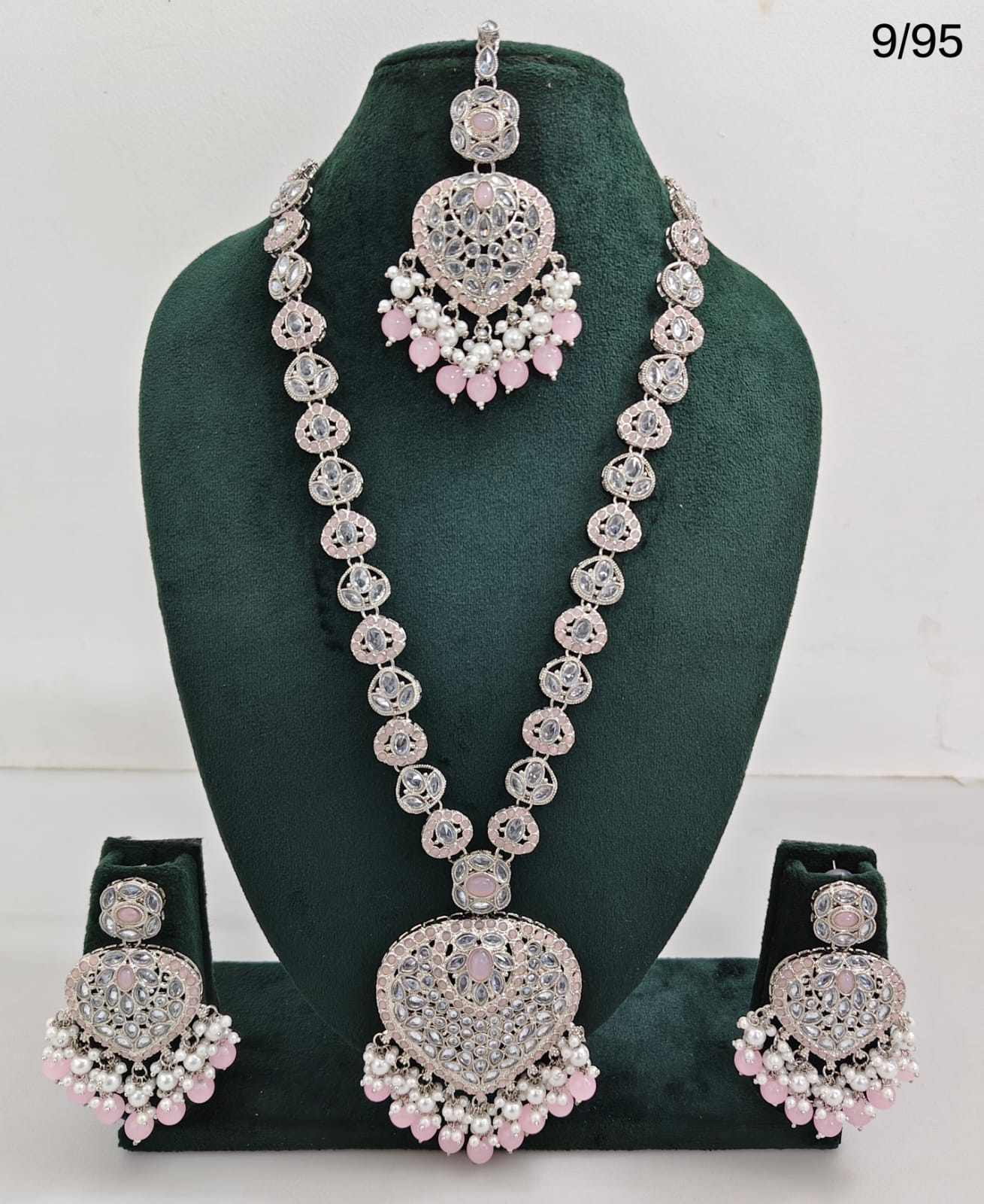 Traditional Silver Plated Long Necklace Set with Matching Earrings & Mangtika