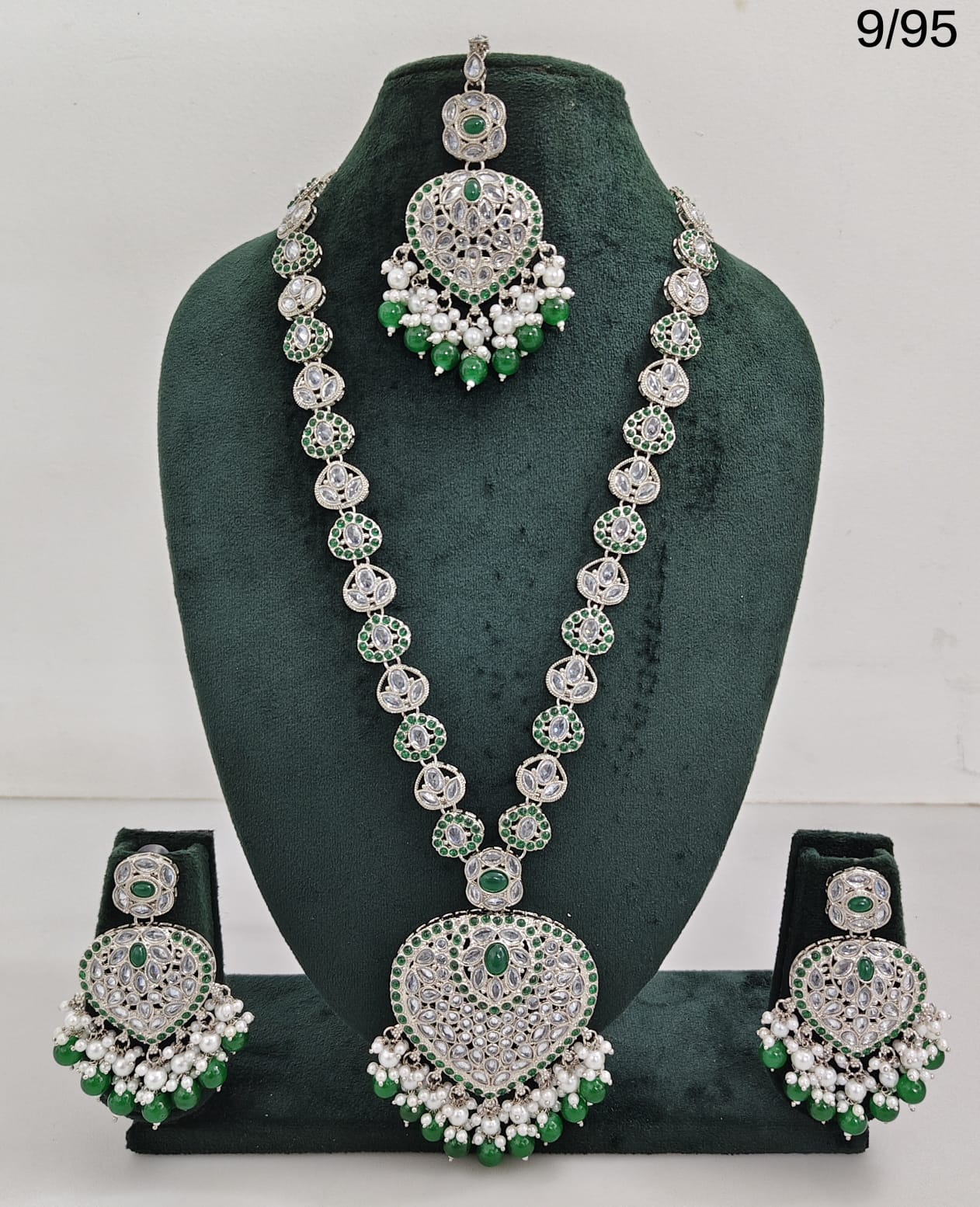 Traditional Silver Plated Long Necklace Set with Matching Earrings & Mangtika