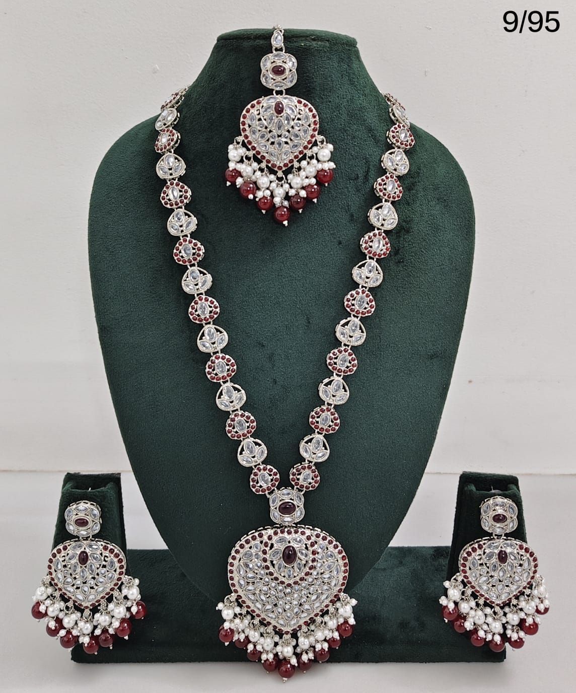 Traditional Silver Plated Long Necklace Set with Matching Earrings & Mangtika