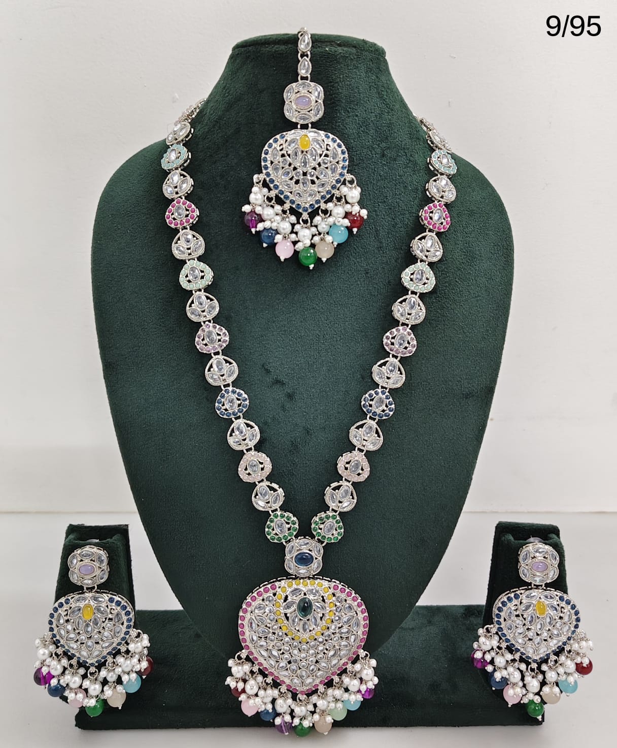Traditional Silver Plated Long Necklace Set with Matching Earrings & Mangtika