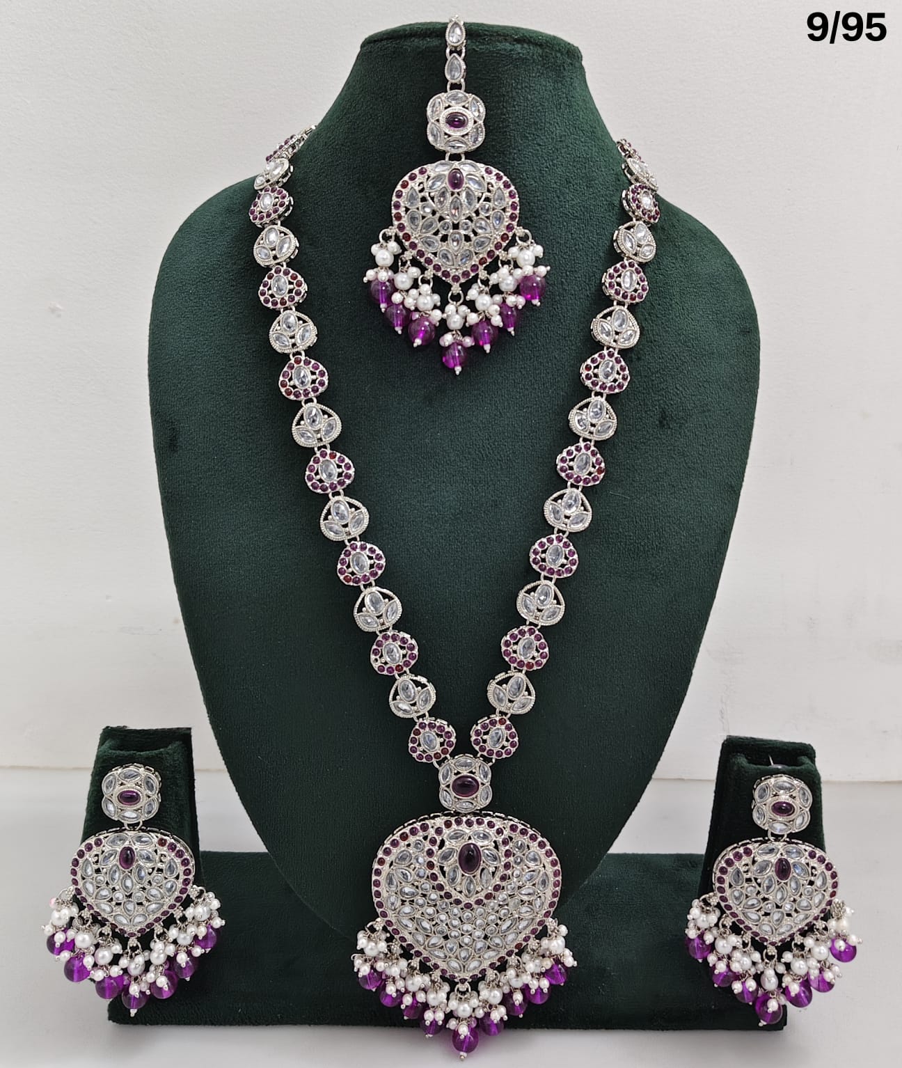 Traditional Silver Plated Long Necklace Set with Matching Earrings & Mangtika