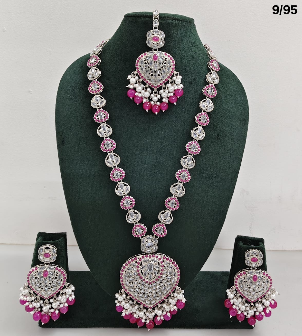 Traditional Silver Plated Long Necklace Set with Matching Earrings & Mangtika