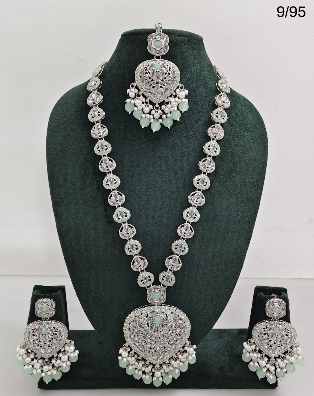 Traditional Silver Plated Long Necklace Set with Matching Earrings & Mangtika