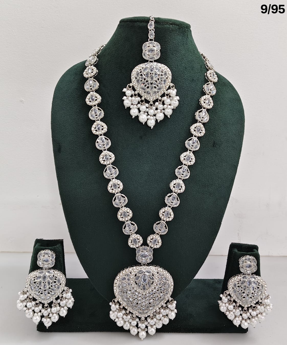 Traditional Silver Plated Long Necklace Set with Matching Earrings & Mangtika
