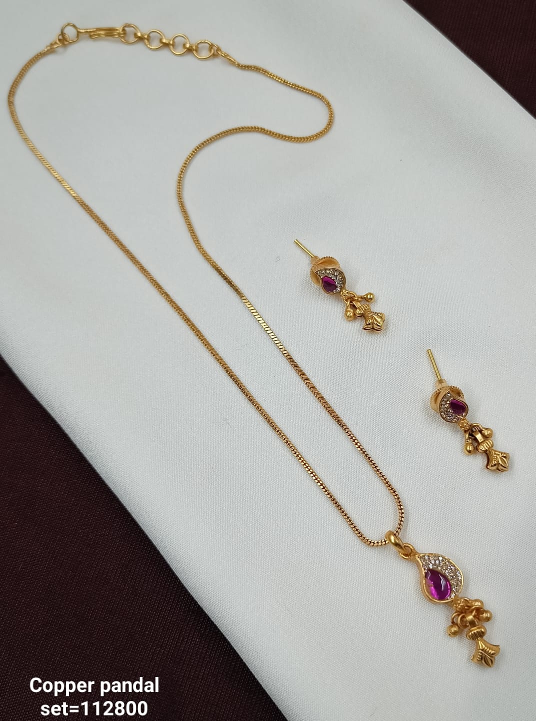 Traditional CZ Gold Plated Copper Pendant Set For Woman & Girls