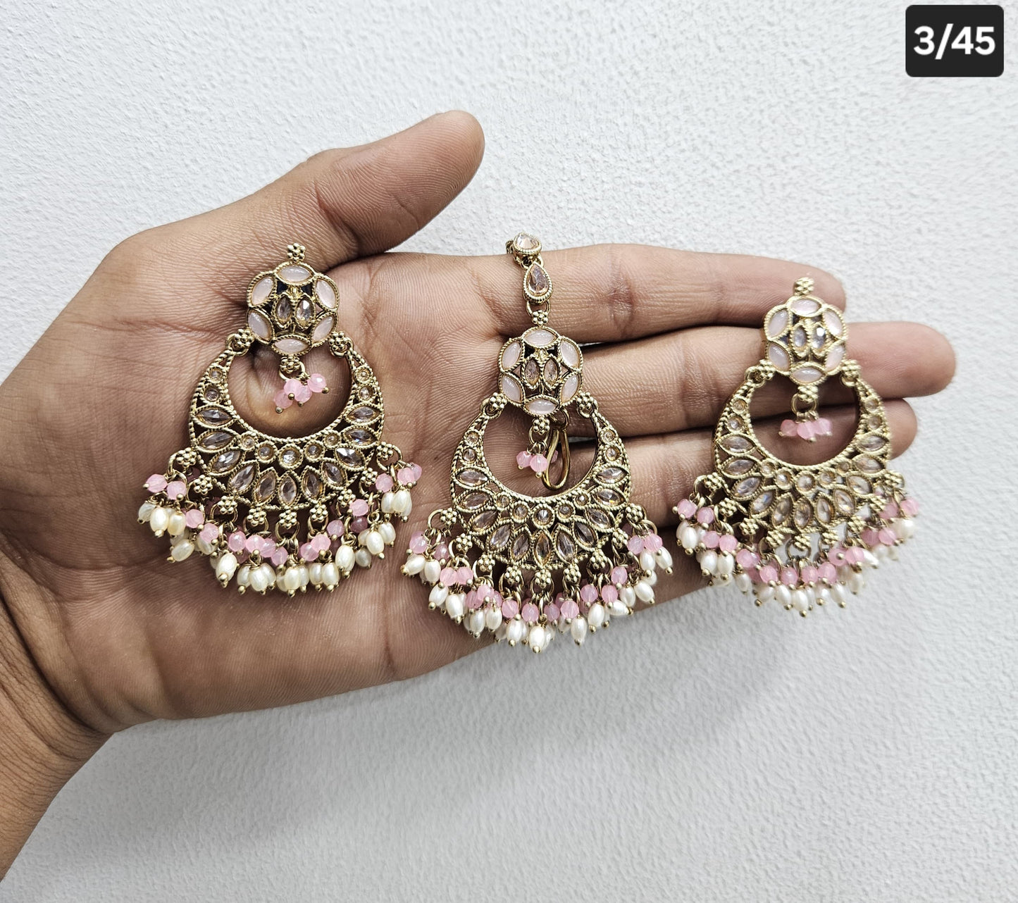 Kundan Chandbali Set - Antique Gold Finish Statement Earrings and Maang Tikka