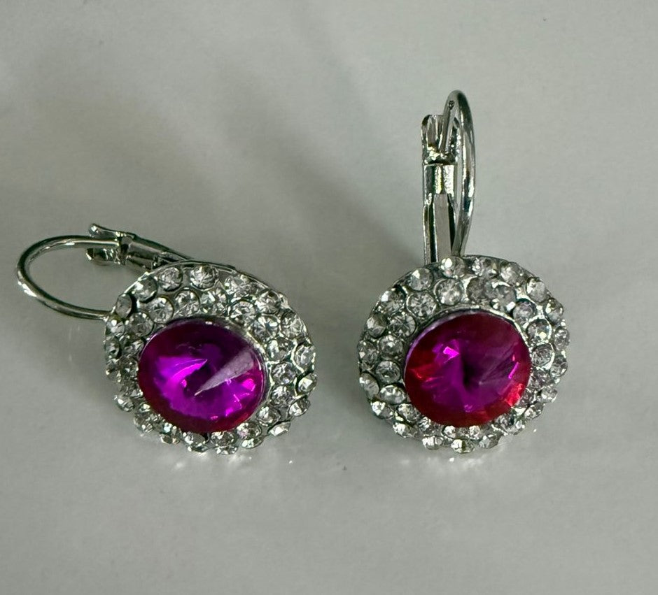 Shimmering Purple Crystal Halo Earrings with Secure Leverback Closure