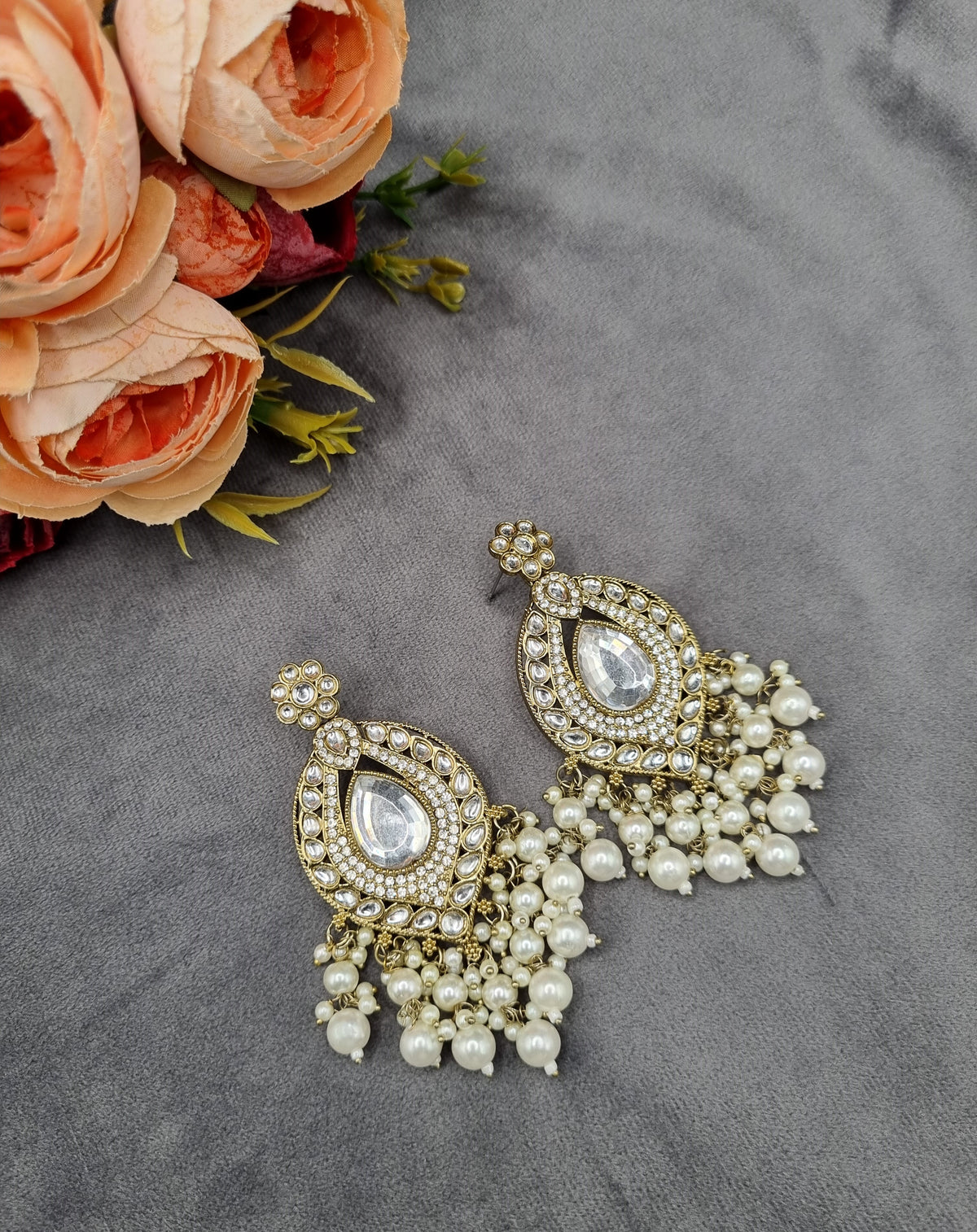 INTRICATE OVAL FRAME DROP EARRINGS WITH PEARL & BEAD CLUSTER