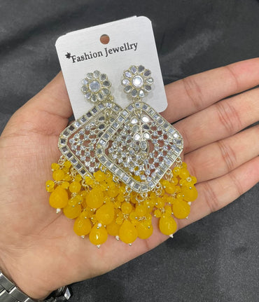 Square Emerald Green Crystal Kundan Drop Earrings Gold Plated Jali Work Dangles