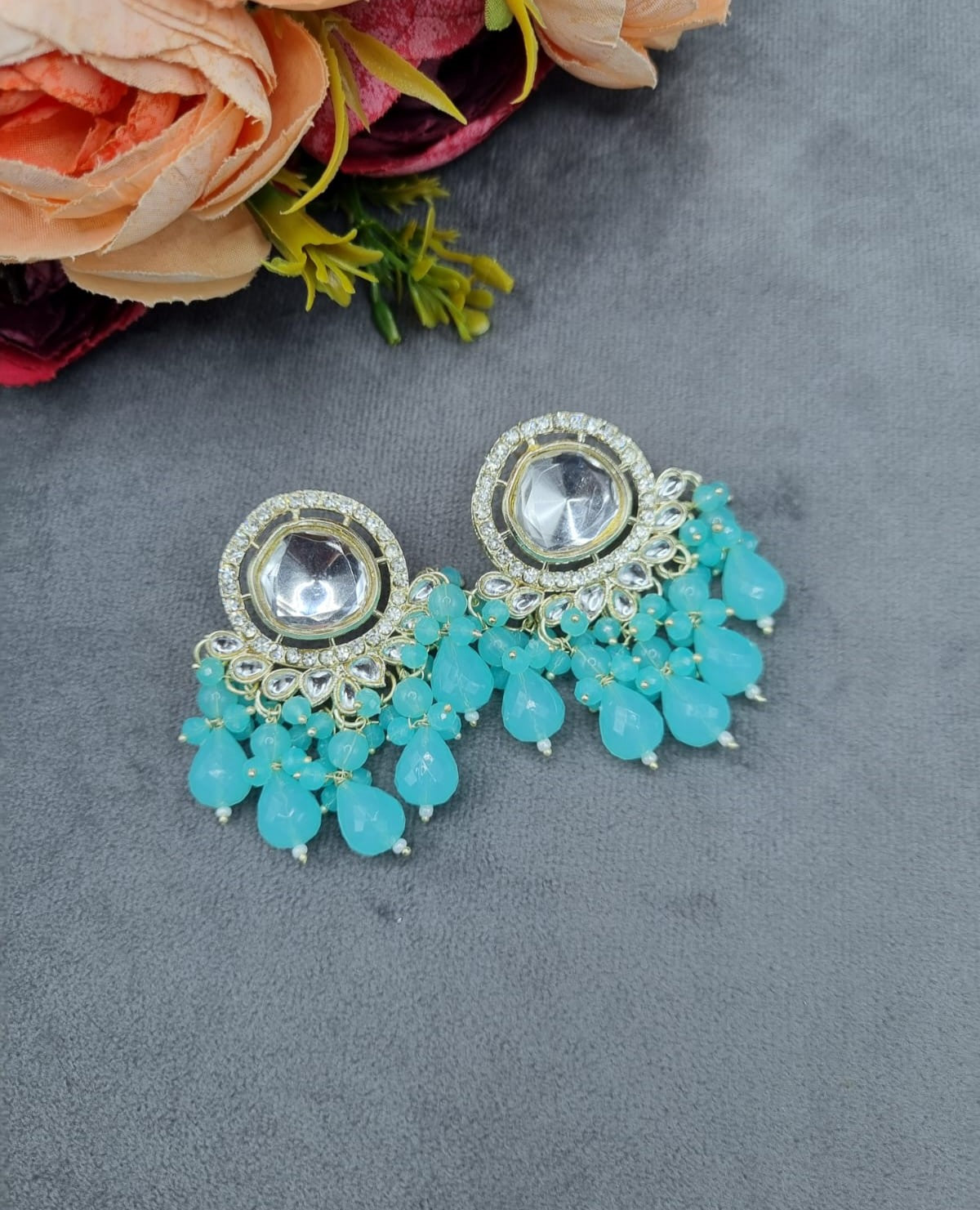 Circular Mirror Stud Earrings with Faceted Crystal Fringe