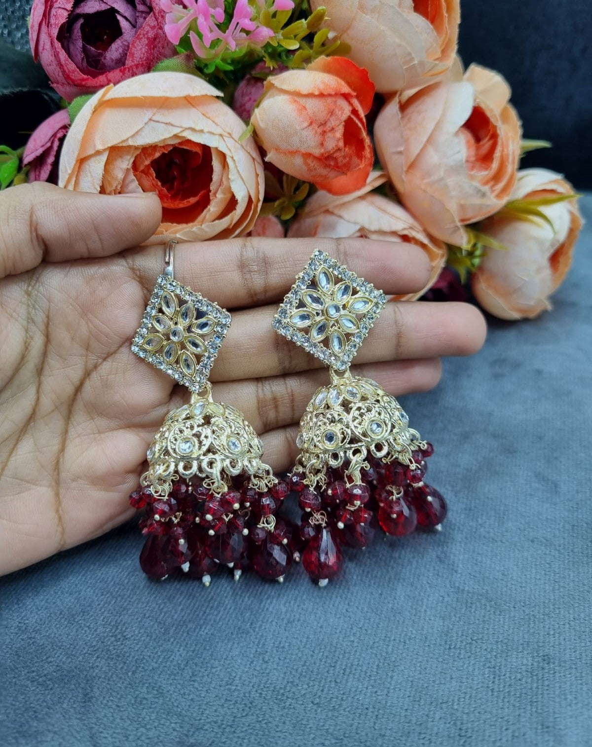 Geometric Floral Mirror Work Jhumka Earrings with Beaded Drops