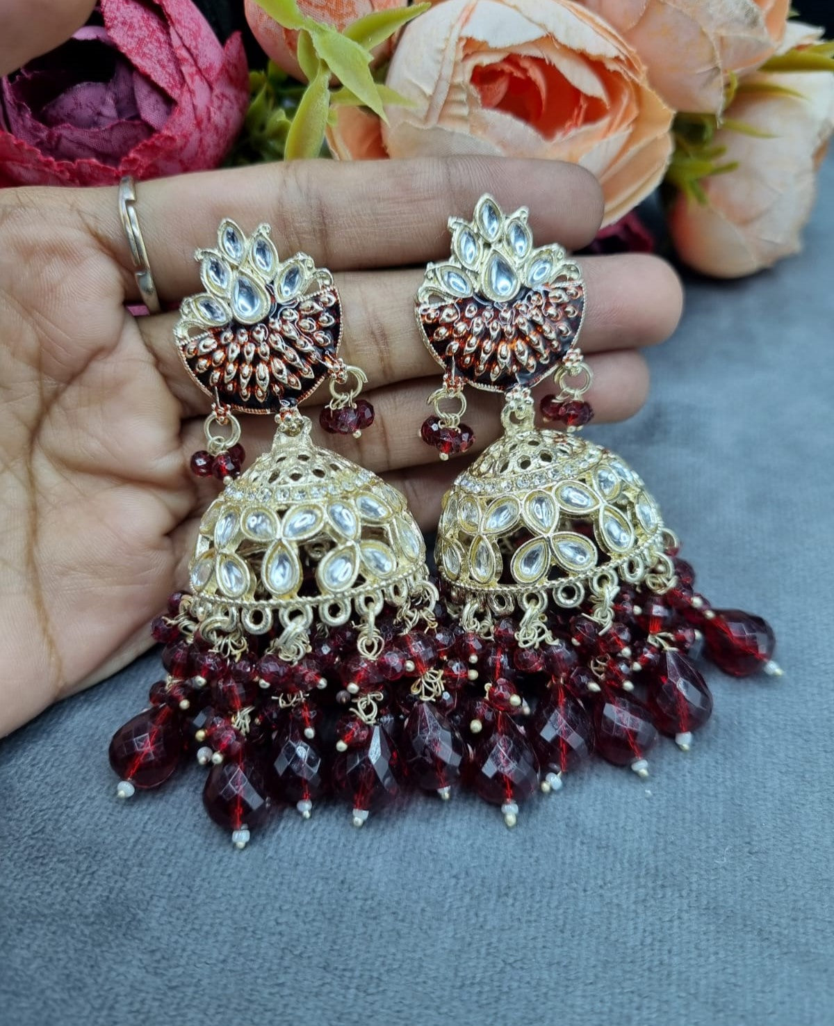 Handcrafted Meenakari Dome Jhumki Earrings with Crystal & Beaded Drop Accents