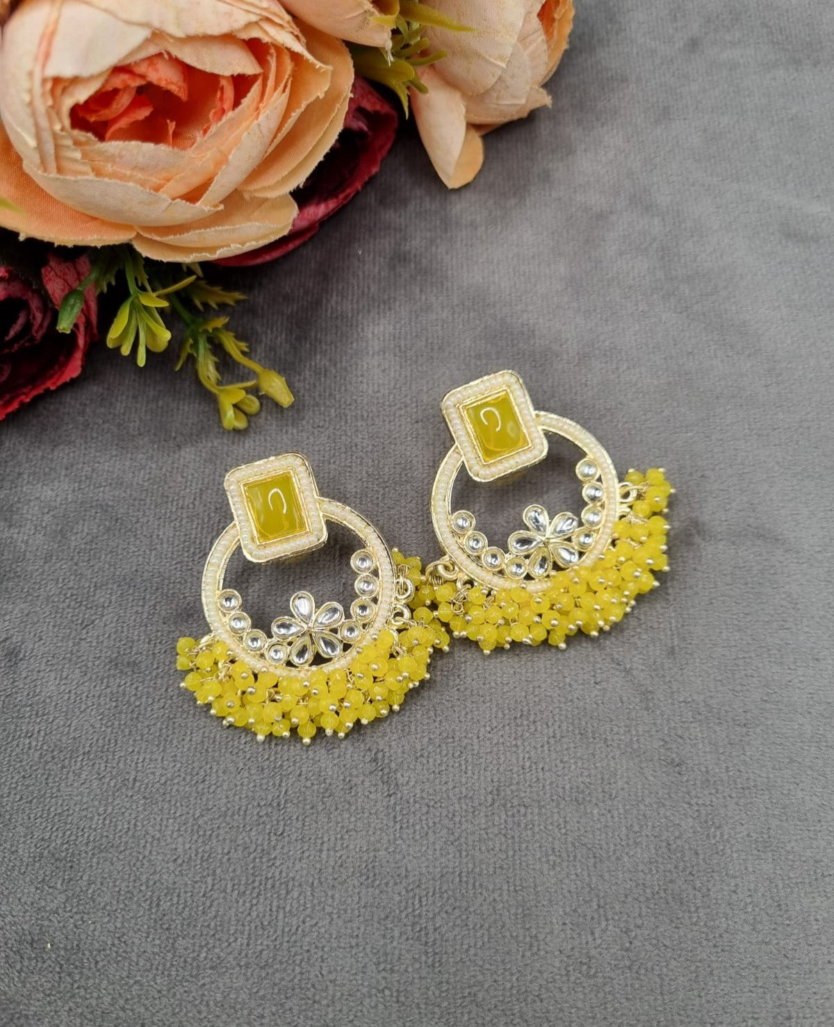 Geometric Floral Chandbali Stud Earrings with Pearl & Cluster Bead Fringe