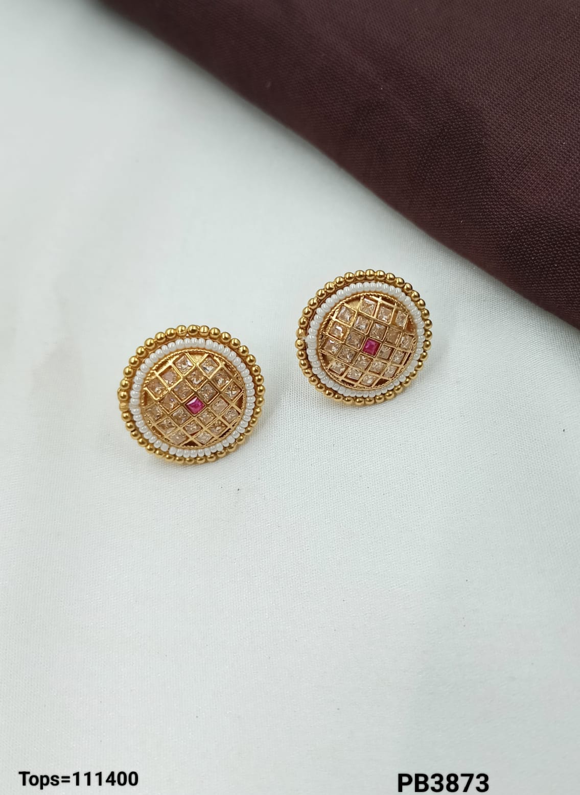 Round Gold-Plated Stud Earrings – Lattice Design with Pearl & Stone Detailing