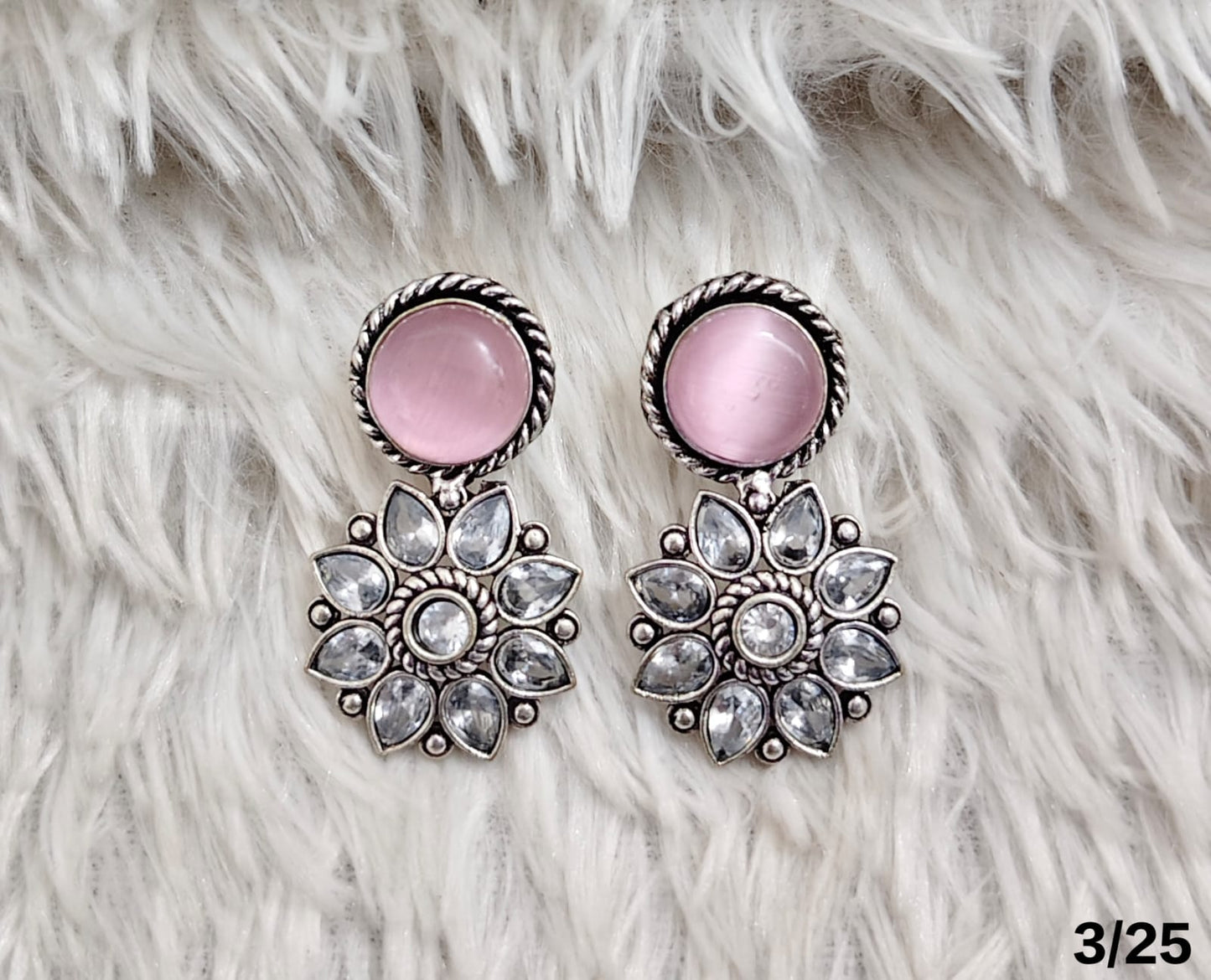 Oxidised Floral Drop Earrings with Stone Stud – Antique Silver Finish