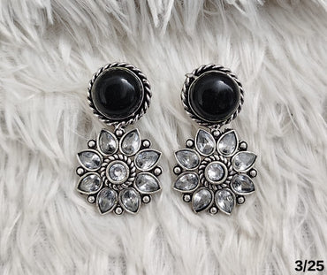 Oxidised Floral Drop Earrings with Stone Stud – Antique Silver Finish