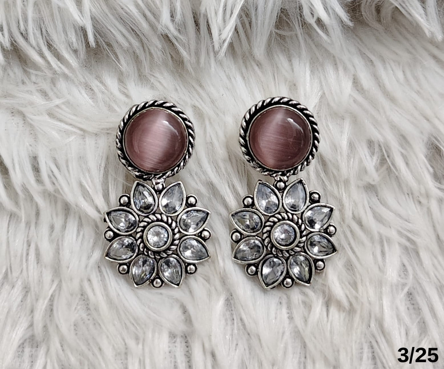 Oxidised Floral Drop Earrings with Stone Stud – Antique Silver Finish