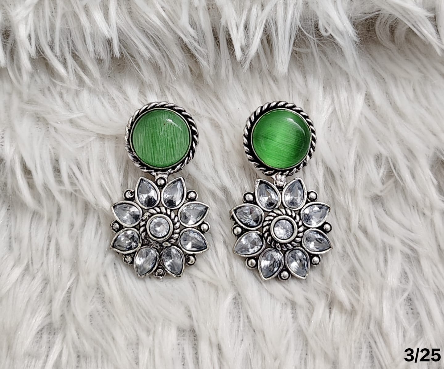 Oxidised Floral Drop Earrings with Stone Stud – Antique Silver Finish