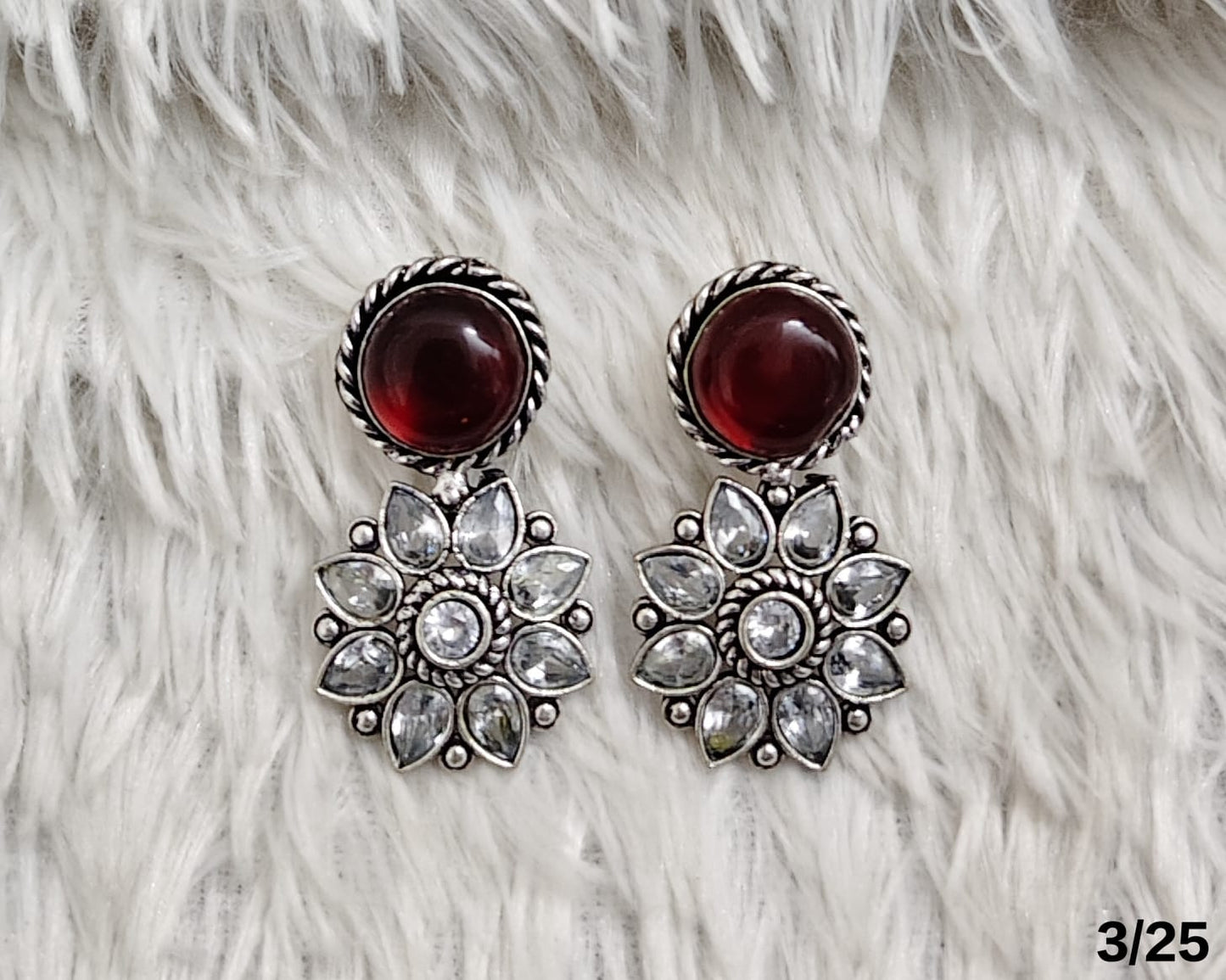 Oxidised Floral Drop Earrings with Stone Stud – Antique Silver Finish