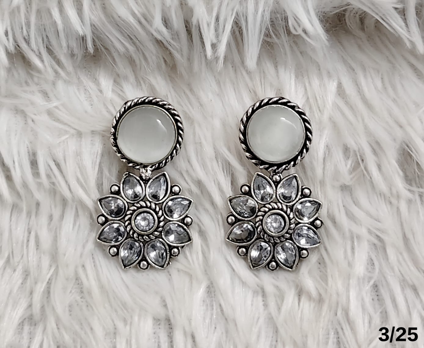 Oxidised Floral Drop Earrings with Stone Stud – Antique Silver Finish