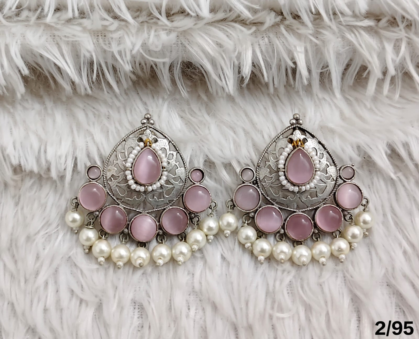 Oxidised Chandbali Earrings with Stone and Pearl Detailing – Antique Finish