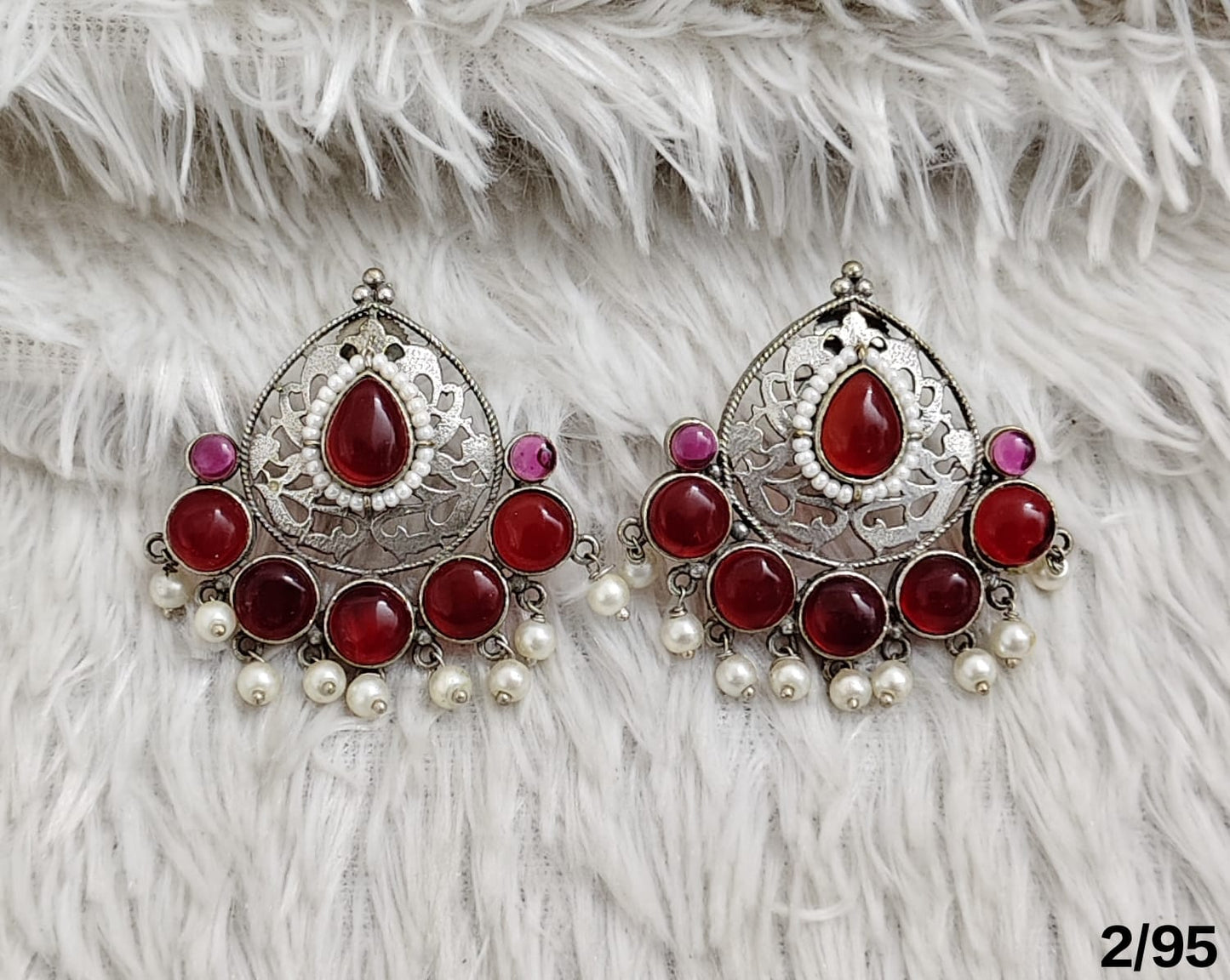 Oxidised Chandbali Earrings with Stone and Pearl Detailing – Antique Finish