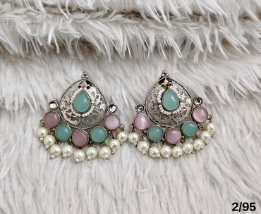 Oxidised Chandbali Earrings with Stone and Pearl Detailing – Antique Finish