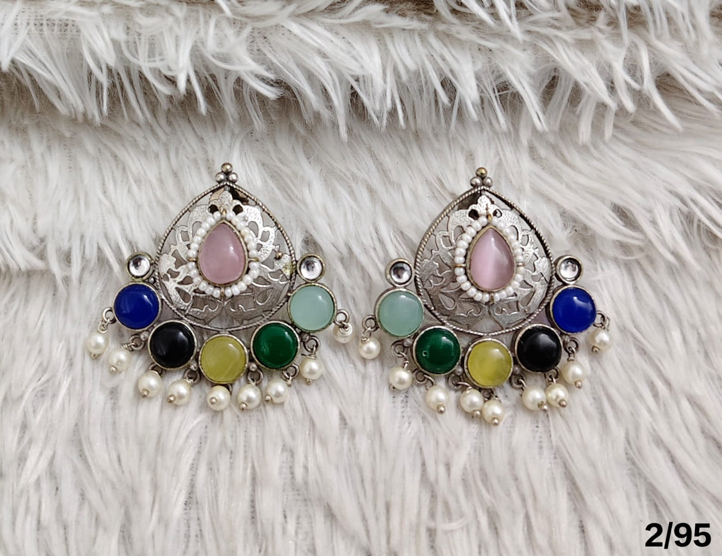 Oxidised Chandbali Earrings with Stone and Pearl Detailing – Antique Finish