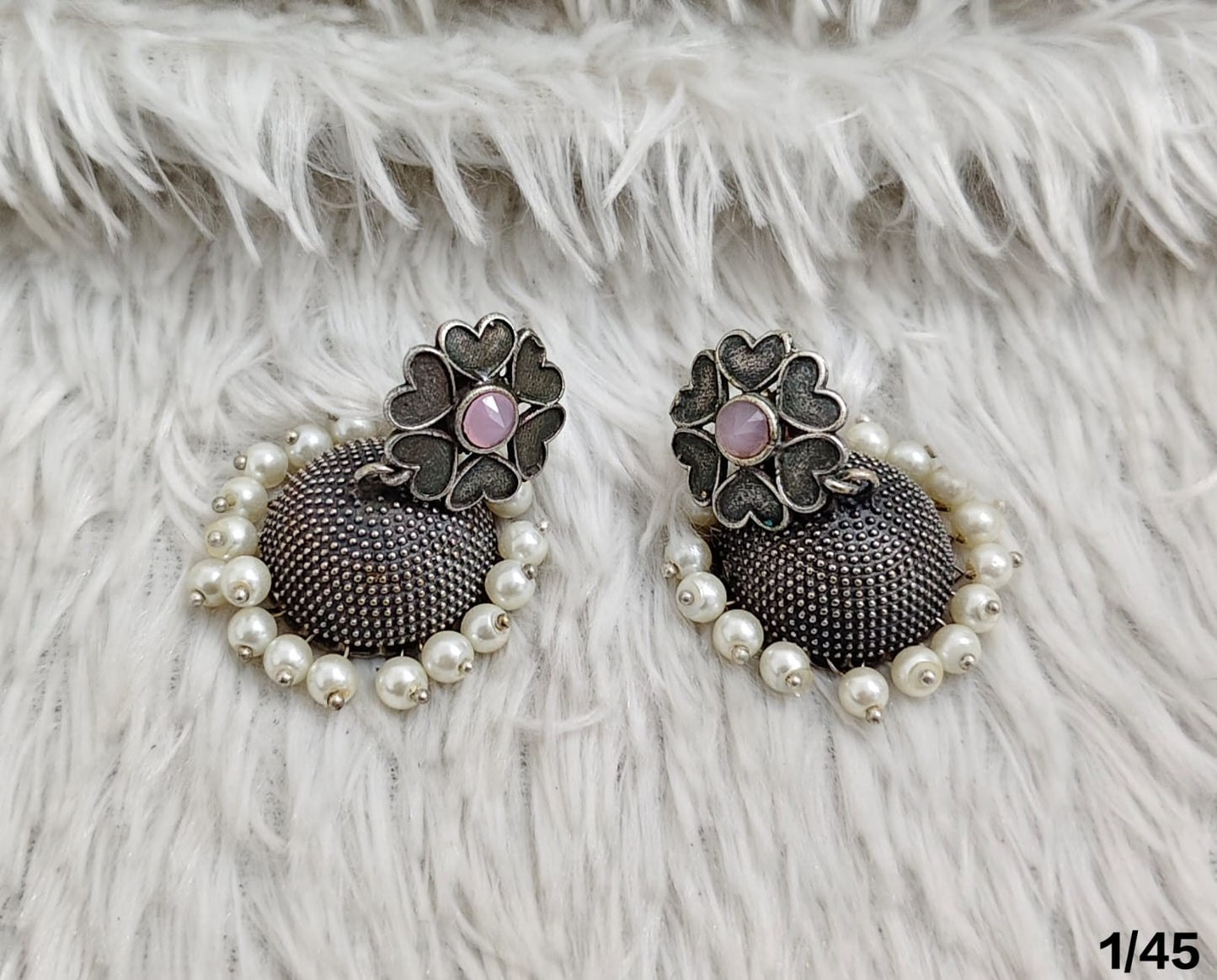 Oxidised Dome Stud Earrings with Floral Top and Pearl Detailing – Antique Finish