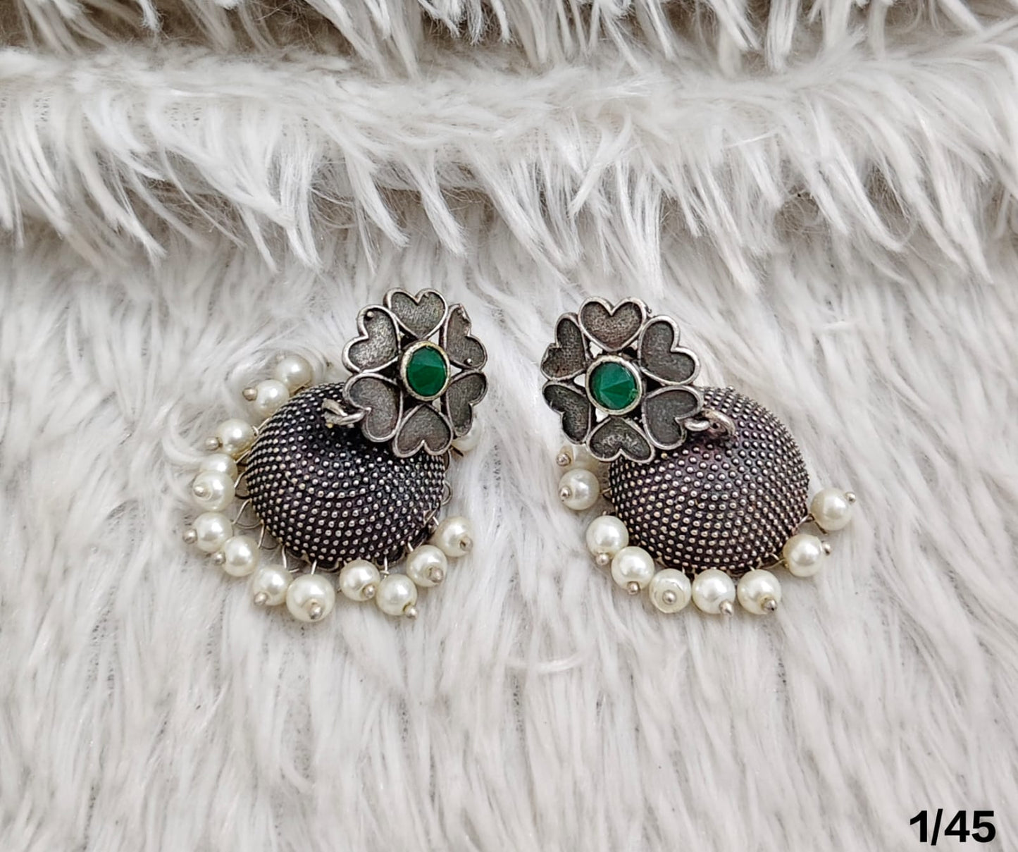 Oxidised Dome Stud Earrings with Floral Top and Pearl Detailing – Antique Finish