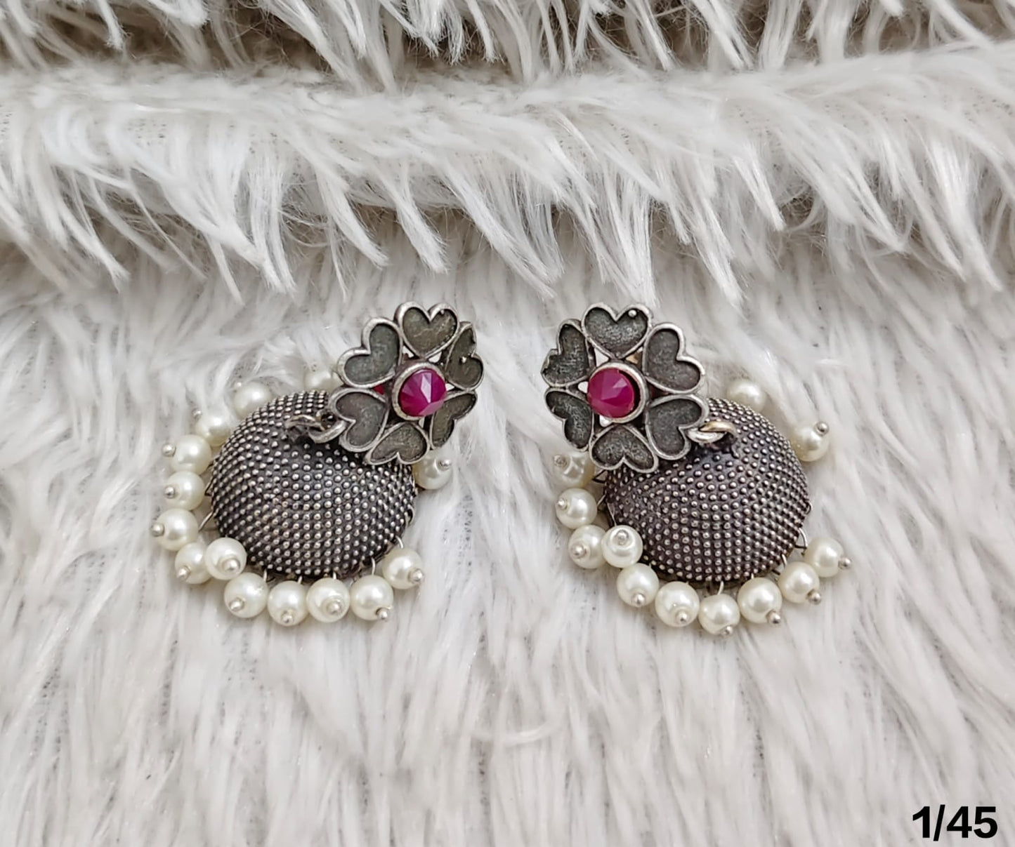 Oxidised Dome Stud Earrings with Floral Top and Pearl Detailing – Antique Finish