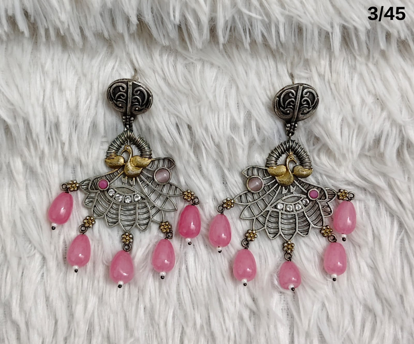 Oxidised Peacock Drop Earrings with Beaded Danglers – Traditional Design