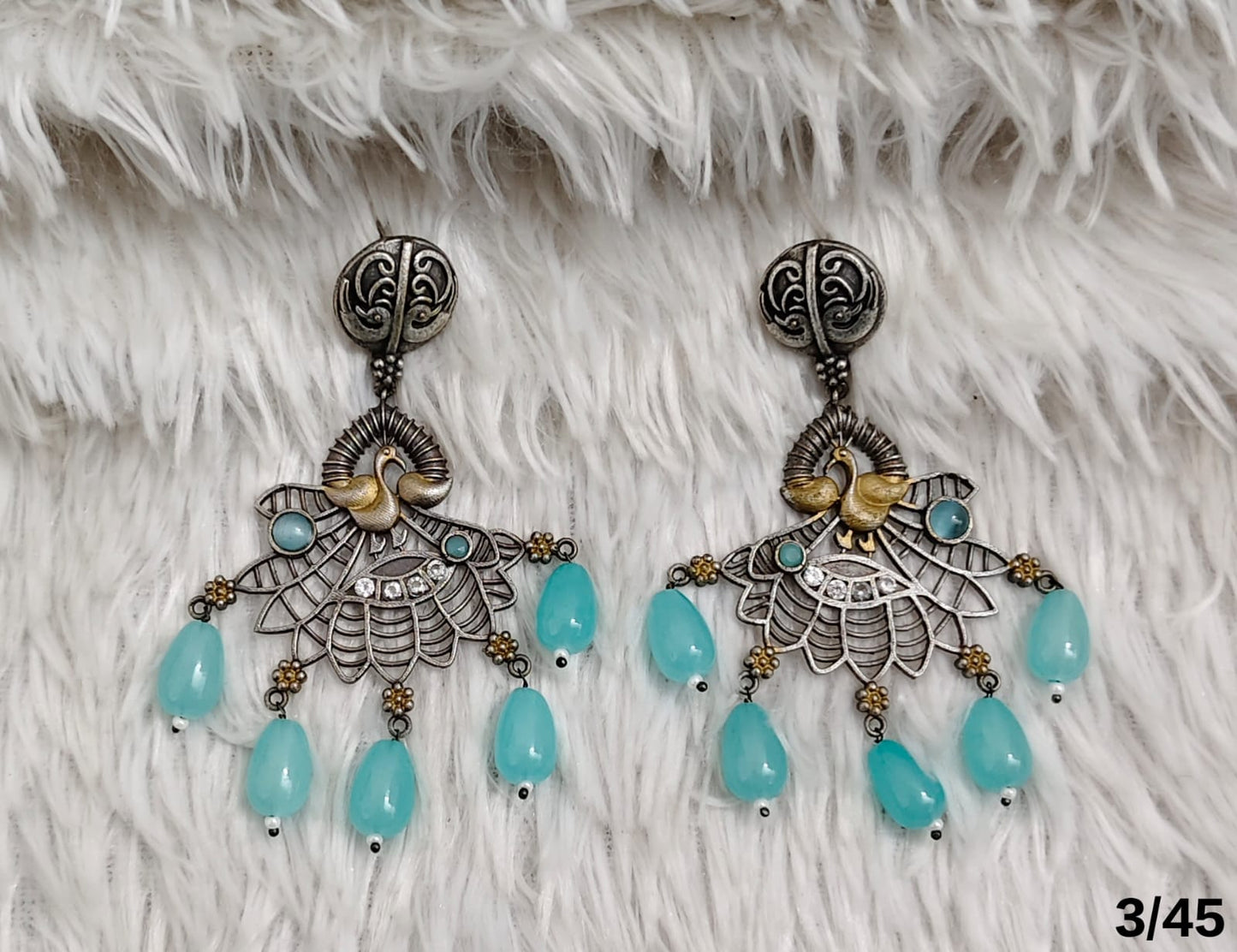 Oxidised Peacock Drop Earrings with Beaded Danglers – Traditional Design