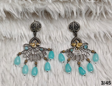 Oxidised Peacock Drop Earrings with Beaded Danglers – Traditional Design