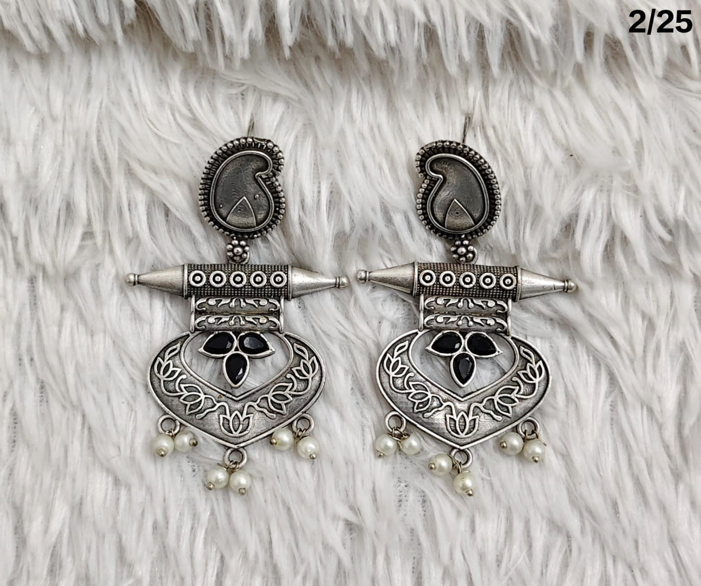Oxidised Tribal Drop Earrings with Engraved Motif and Pearl Danglers – Antique Finish
