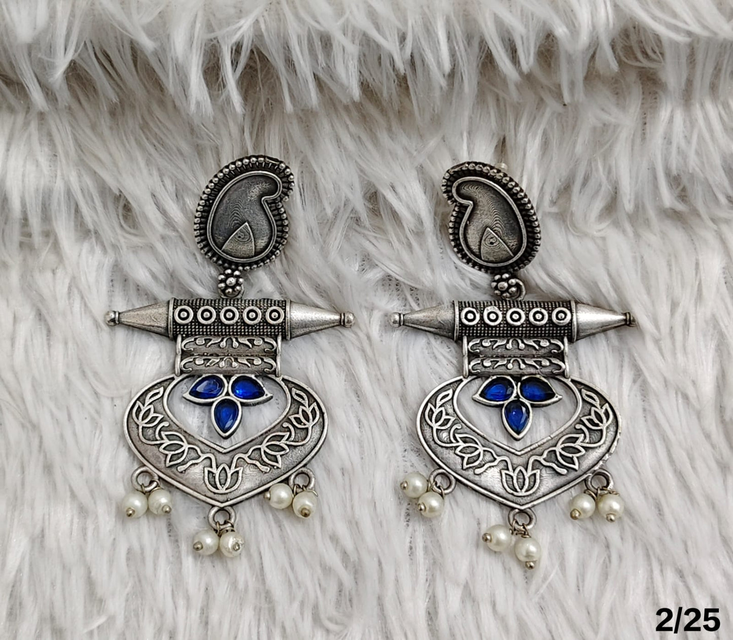 Oxidised Tribal Drop Earrings with Engraved Motif and Pearl Danglers – Antique Finish