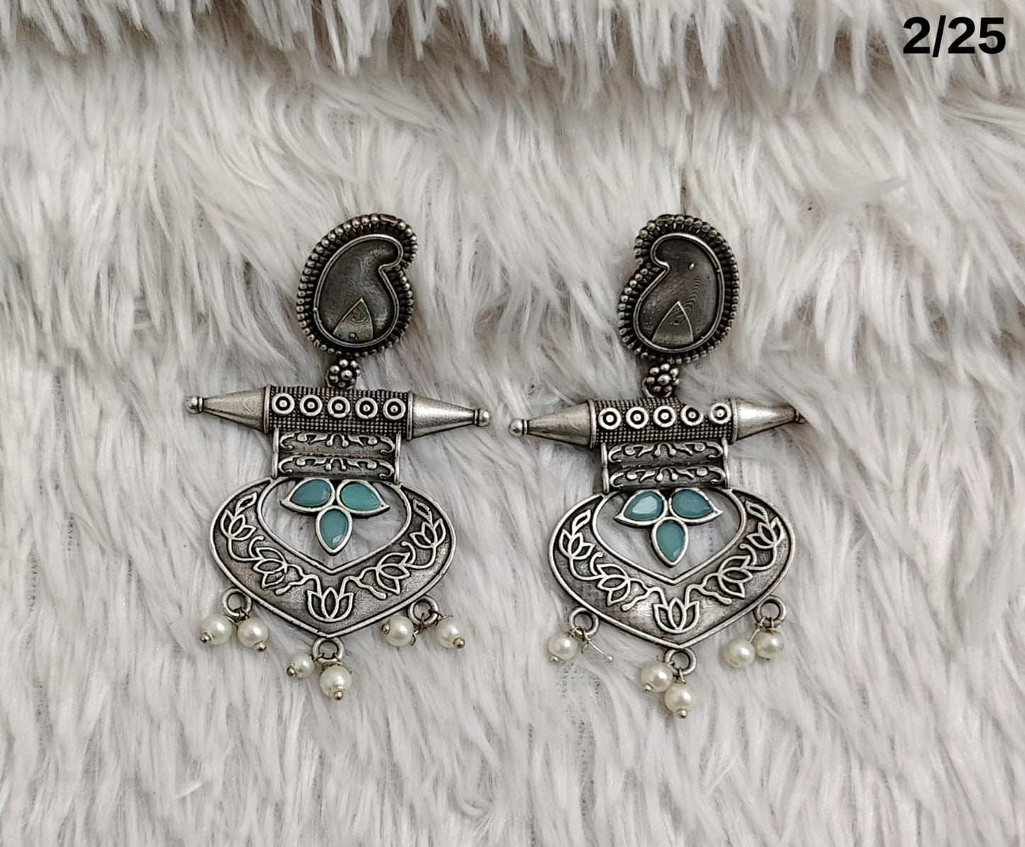 Oxidised Tribal Drop Earrings with Engraved Motif and Pearl Danglers – Antique Finish