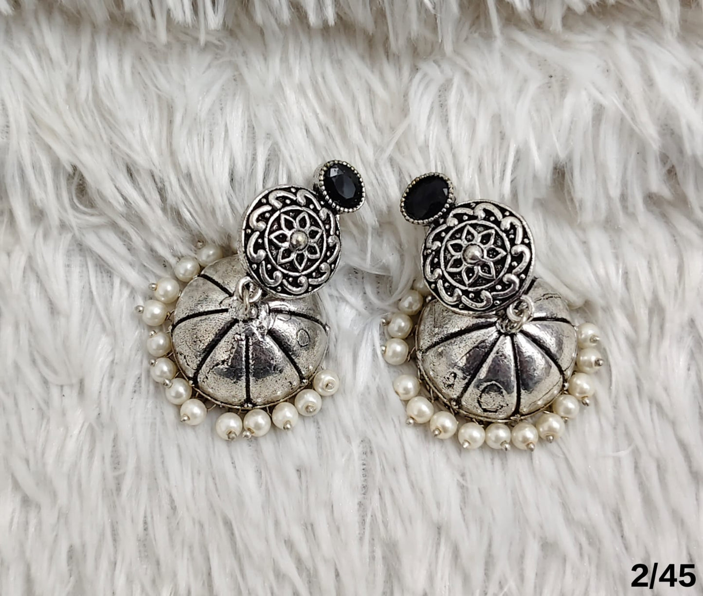 Oxidised Dome Earrings with Carved Stud and Pearl Detailing – Antique Finish