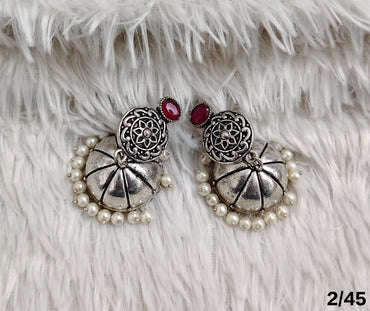 Oxidised Dome Earrings with Carved Stud and Pearl Detailing – Antique Finish