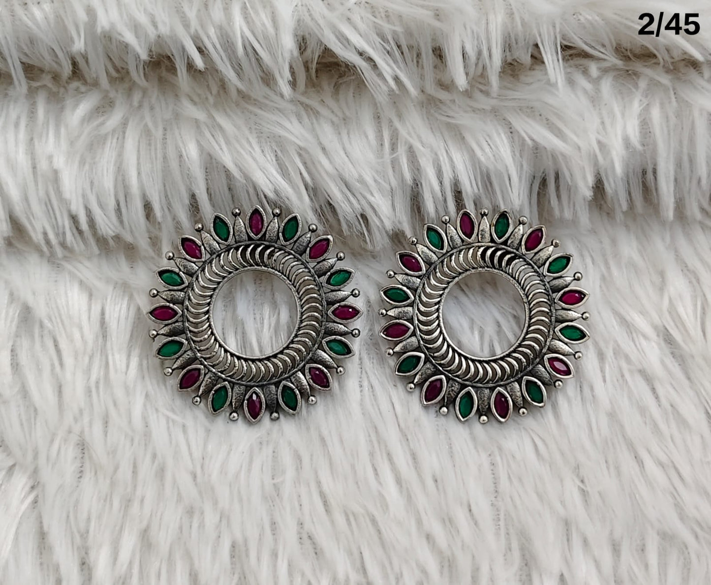 Oxidised Circular Stud Earrings with Leaf Motif Design – Antique Finish