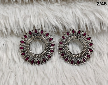 Oxidised Circular Stud Earrings with Leaf Motif Design – Antique Finish