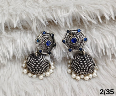 Oxidised Dome Earrings with Floral Stud and Pearl Detailing – Ethnic Design