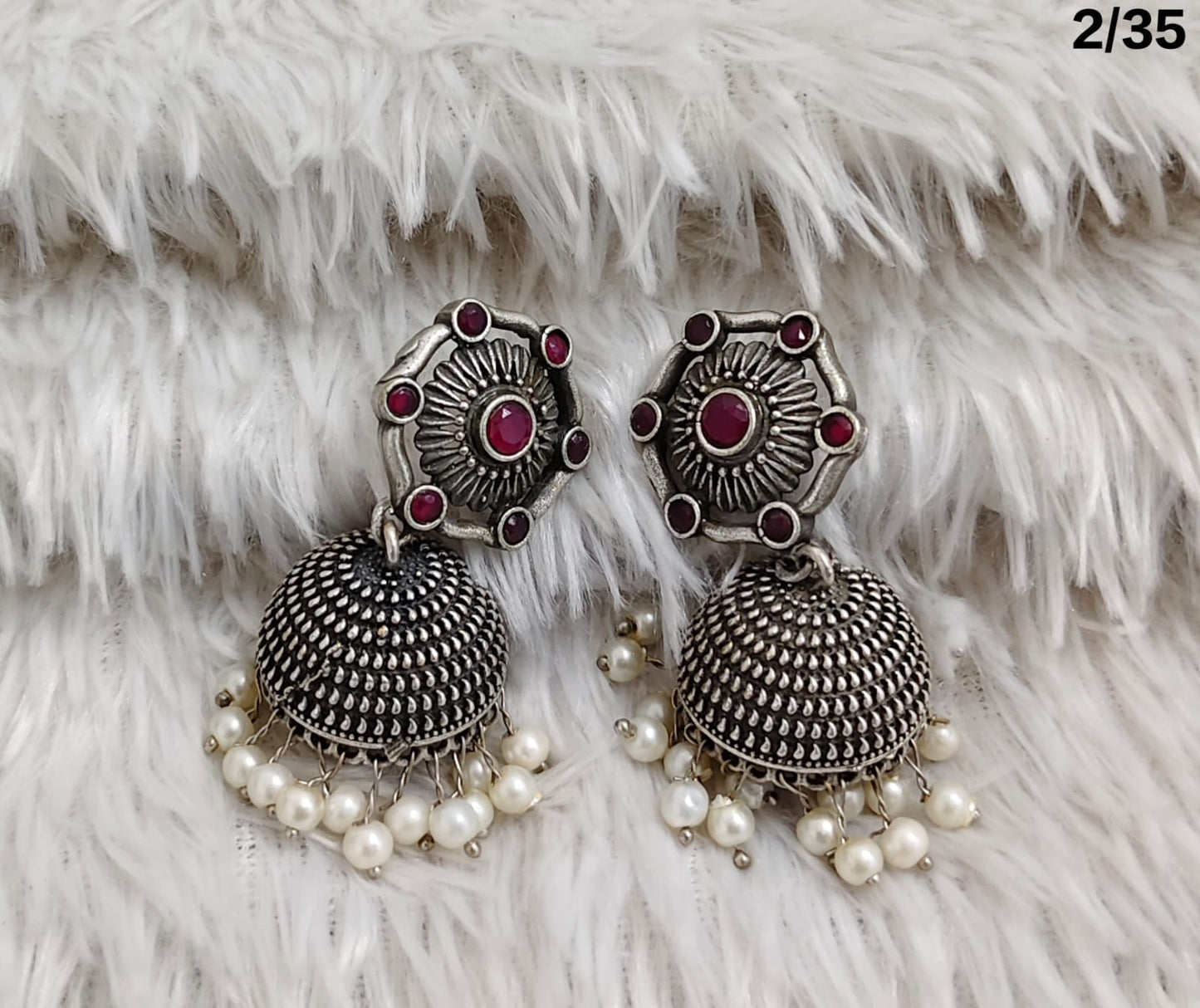 Oxidised Dome Earrings with Floral Stud and Pearl Detailing – Ethnic Design