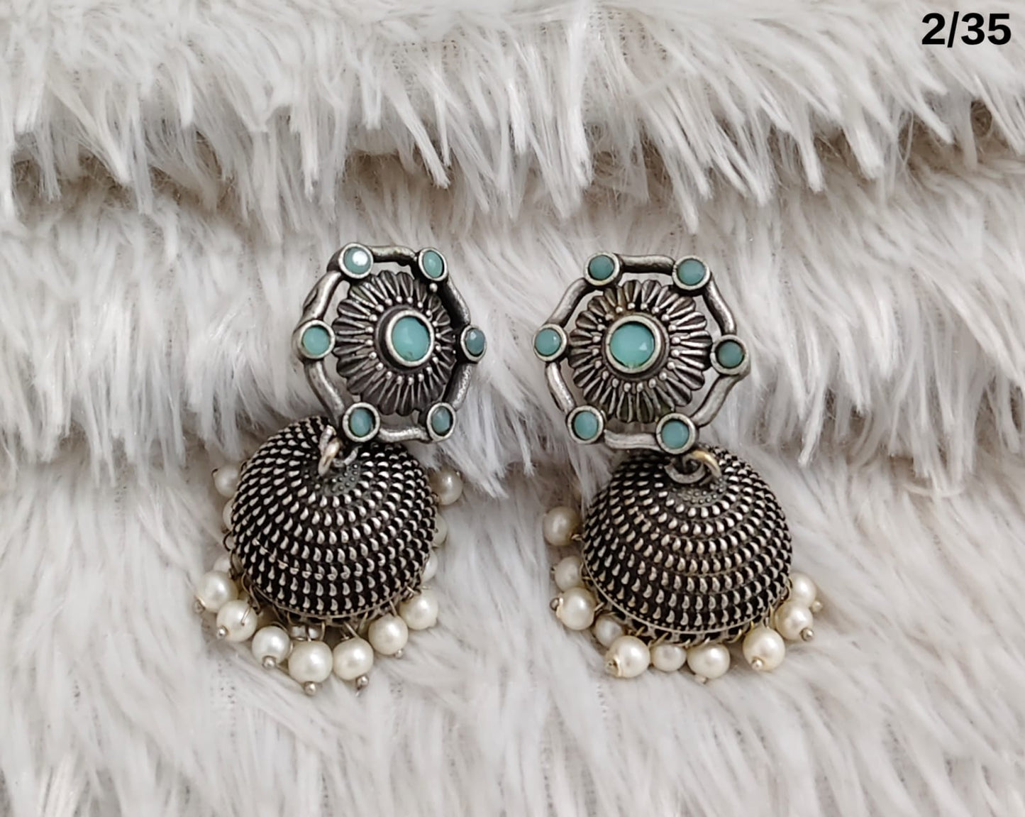 Oxidised Dome Earrings with Floral Stud and Pearl Detailing – Ethnic Design