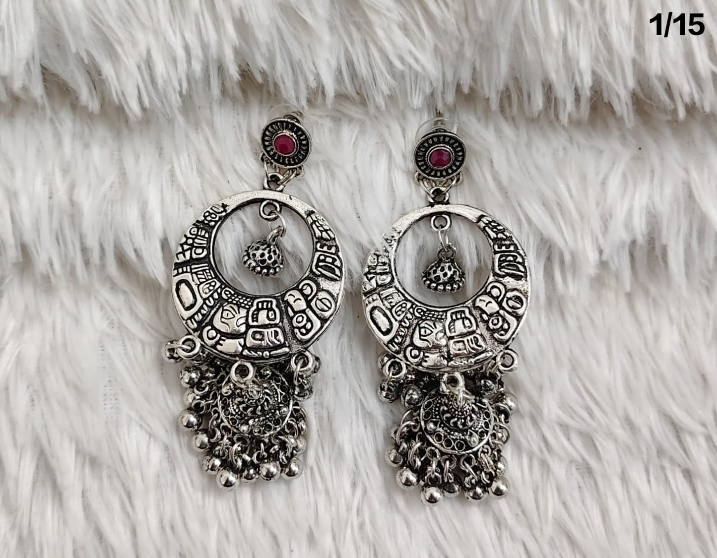 Oxidised Boho Tribal Dangler Earrings with Engraved Hoop and Jhumki Detail