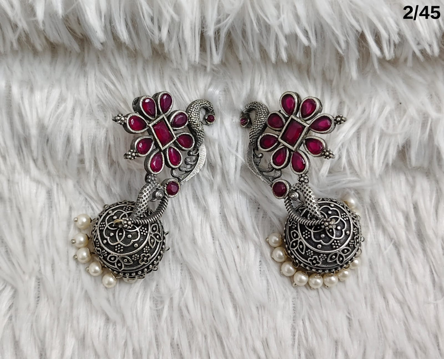 Peacock Design Oxidized Jhumka Earrings with Pearl Detailing