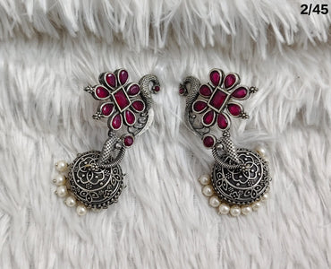 Peacock Design Oxidized Jhumka Earrings with Pearl Detailing