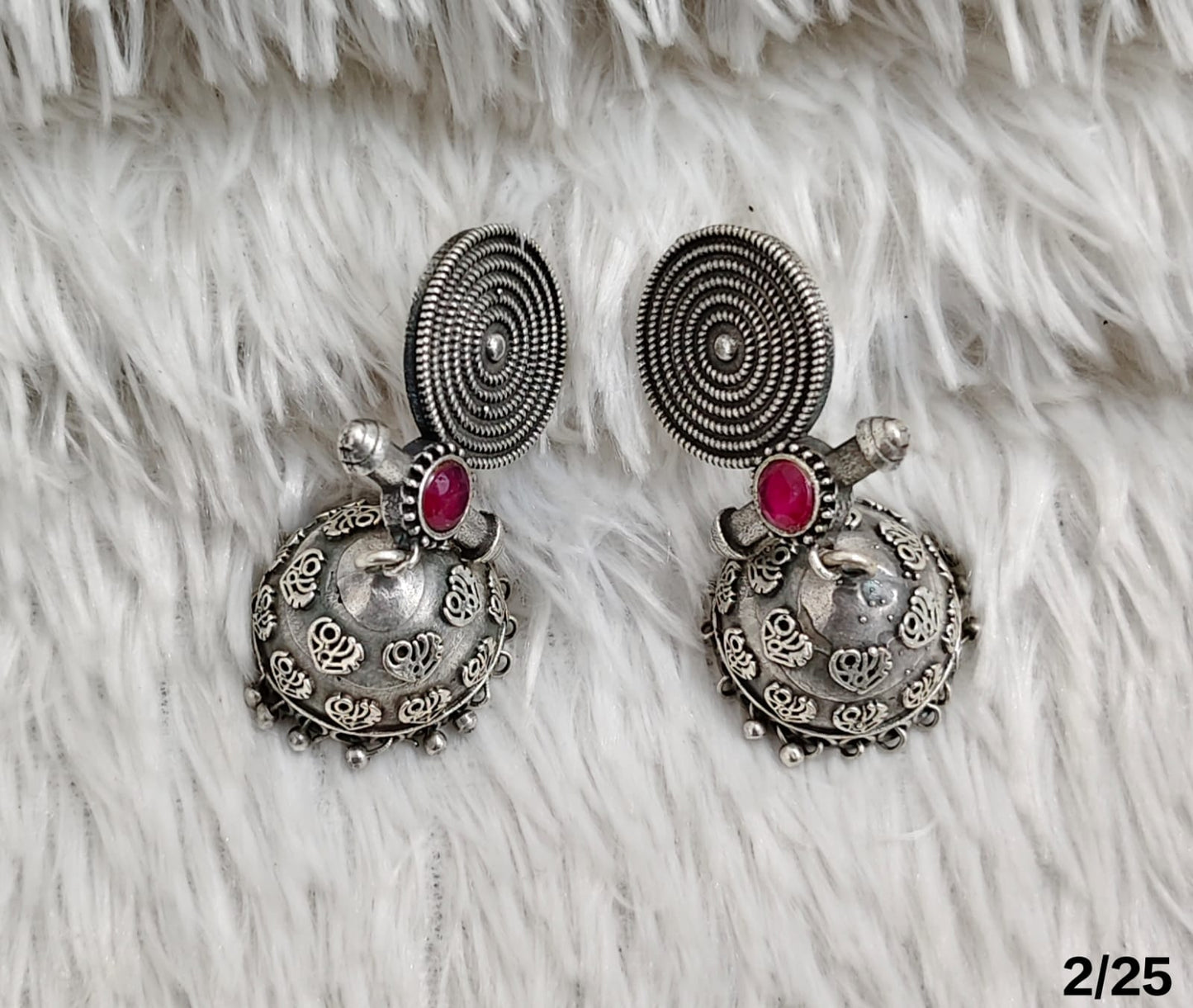 Oxidized Spiral Top Jhumka Earrings with Stone Accent