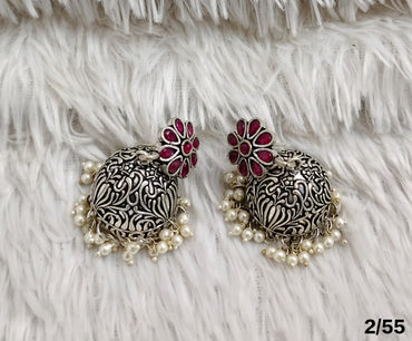 Floral Stud Oxidized Jhumka Earrings with Pearl Detailing